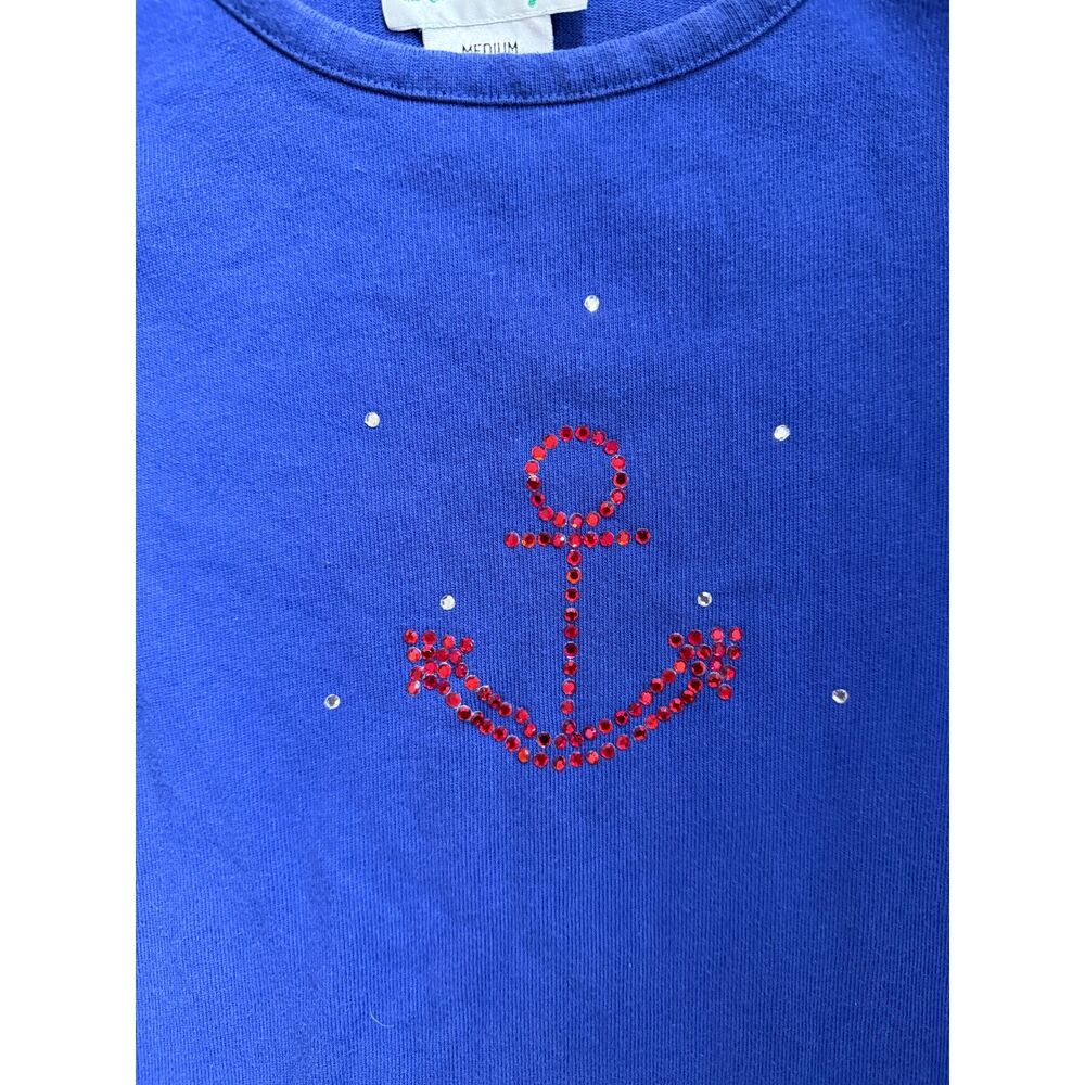 Quacker Factory Blue Short Sleeve Anchor Top Rhinestone Nautical Medium - Picture 4 of 6